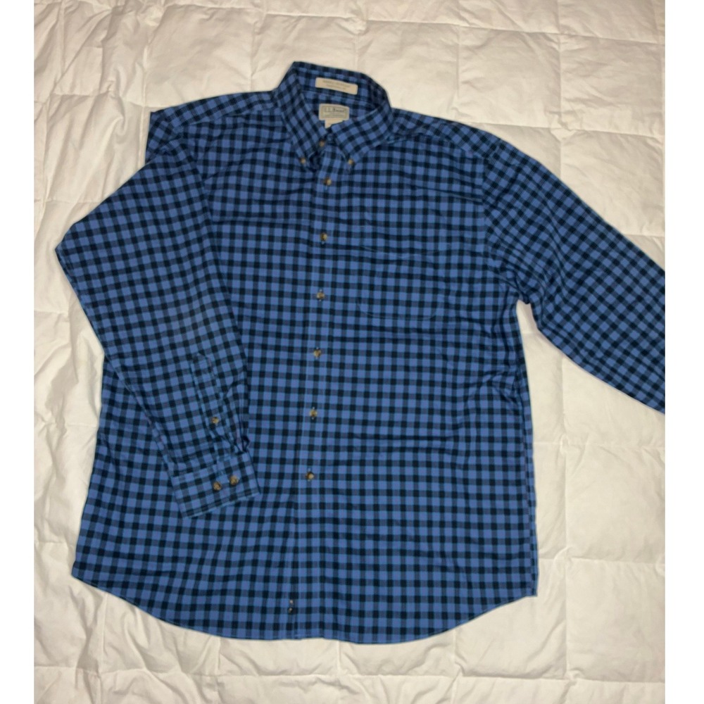 LL Bean Mens Blue Plaid Wrinkle Resistant Cotton Button Down Shirt Large Regular